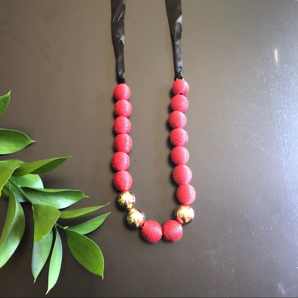 Gold & Red Ball Ribbon Tied Necklace